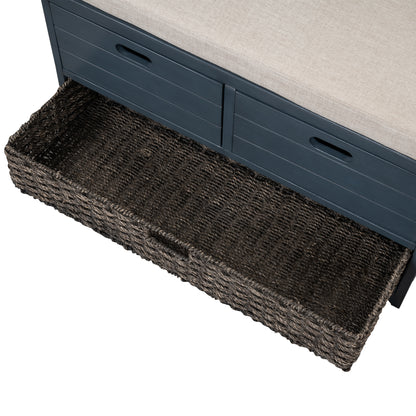 Navy Storage Bench with Rattan Basket