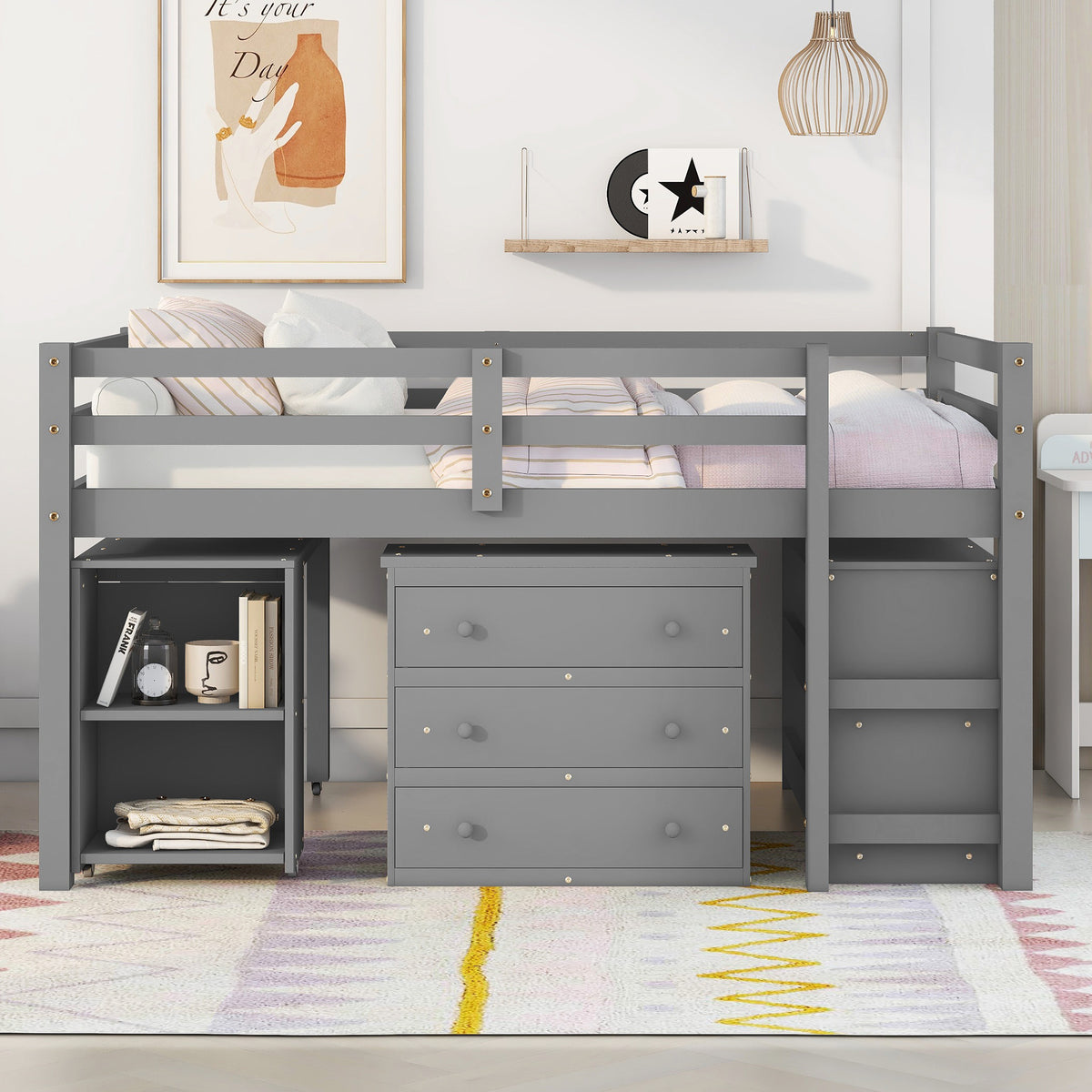Full Loft Bed with Rolling Desk White