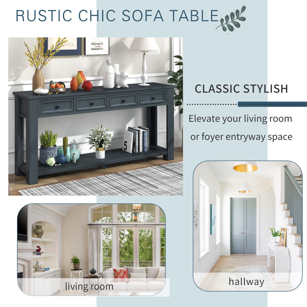Console Table with Storage Drawers Navy