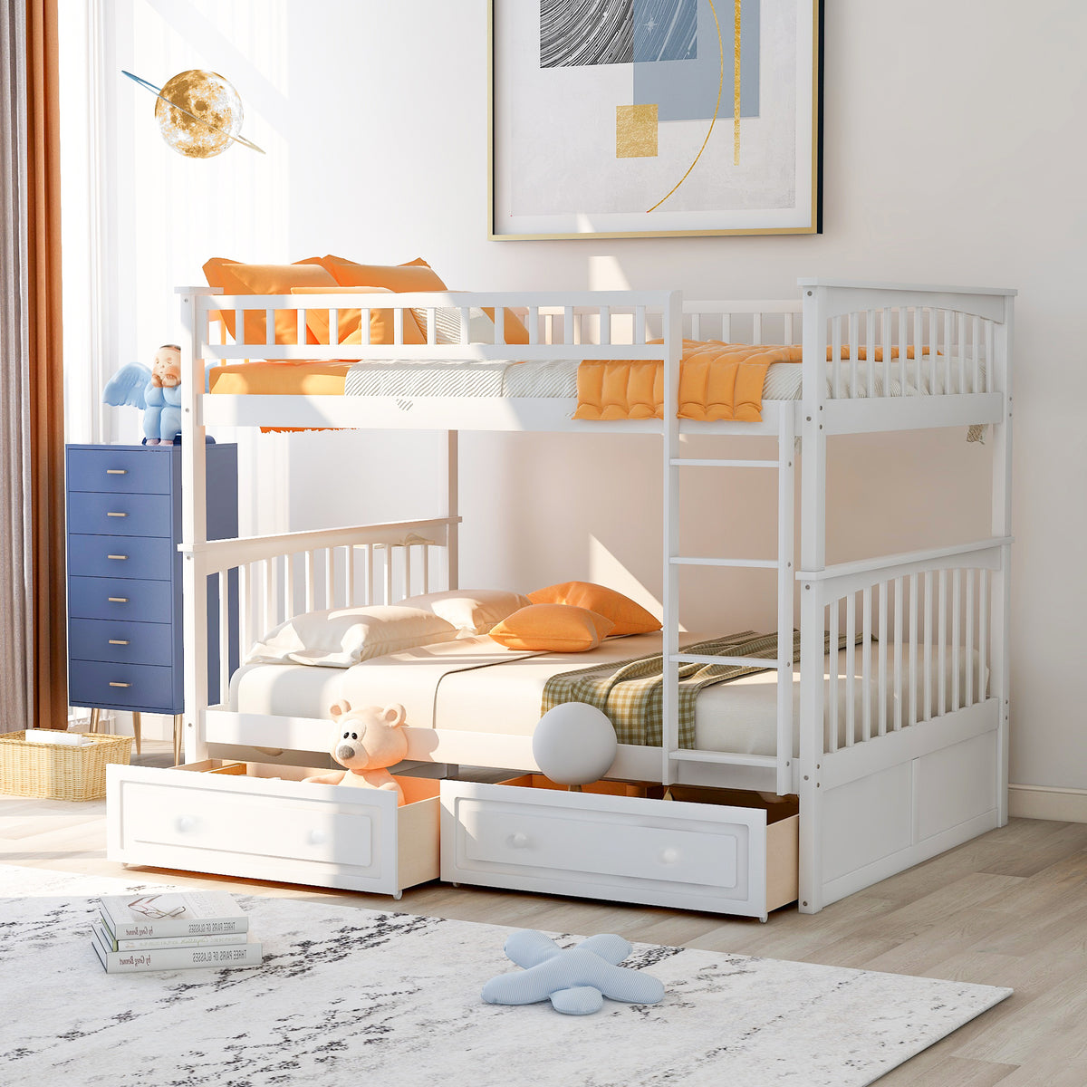 Convertible Full Bunk Bed with Drawers White