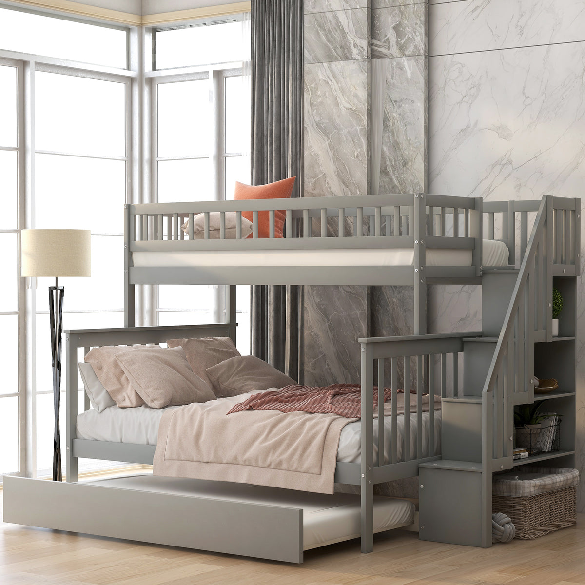 Twin Over Full Bunk Bed with Trundle Gray