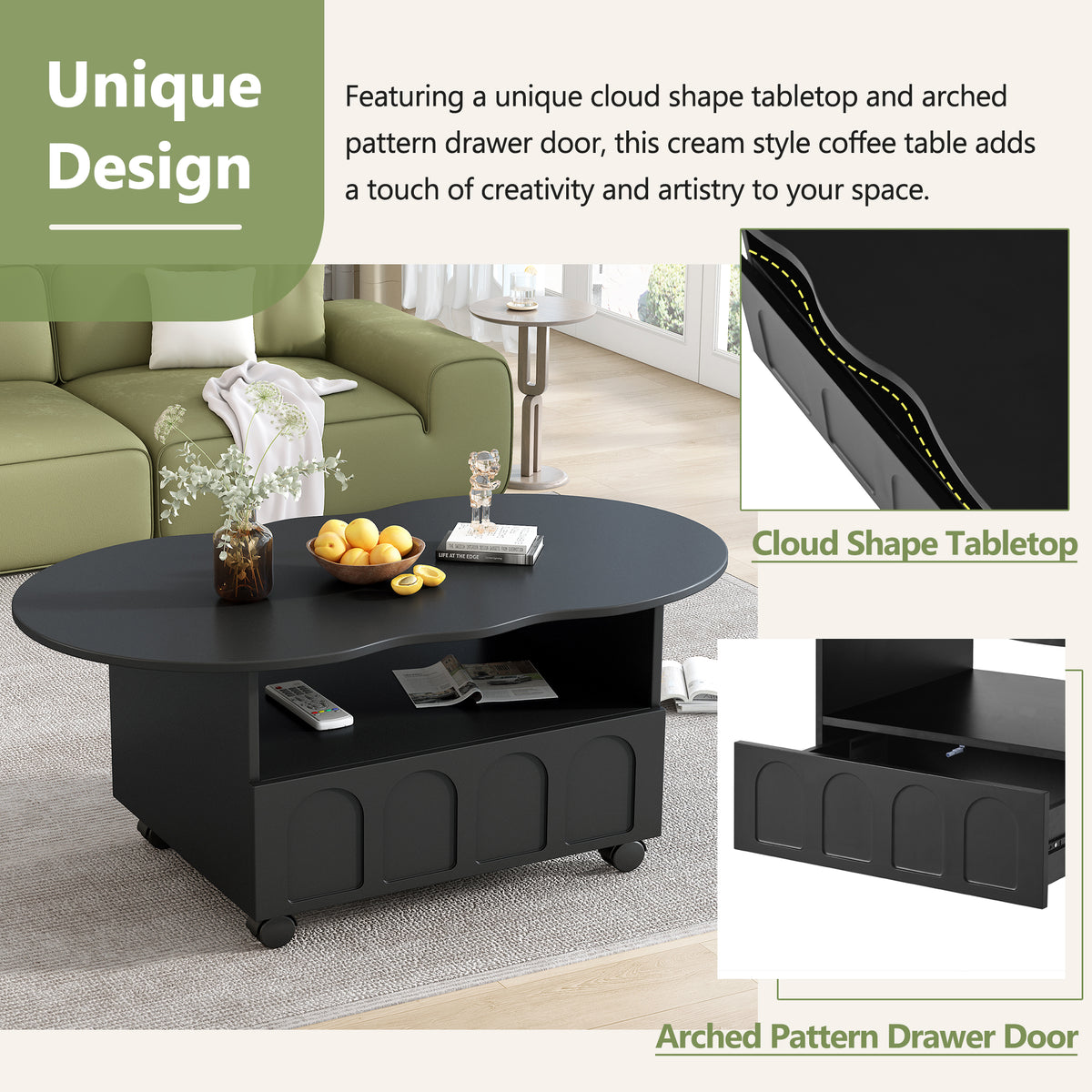 Cream Coffee Table with Storage Drawers – Black