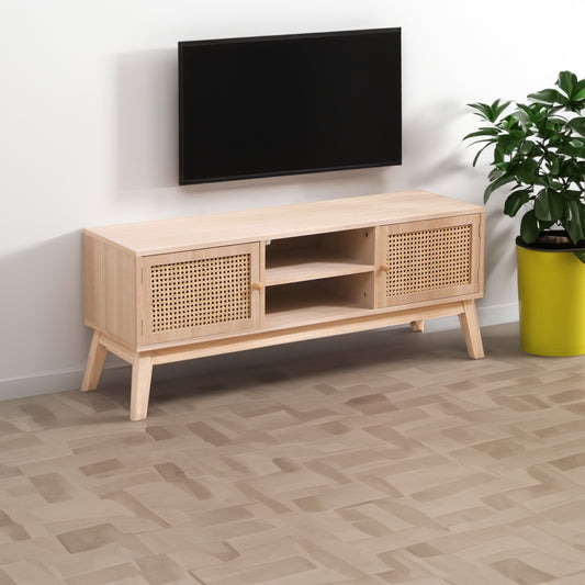 Boho Rattan TV Console – Natural Oak