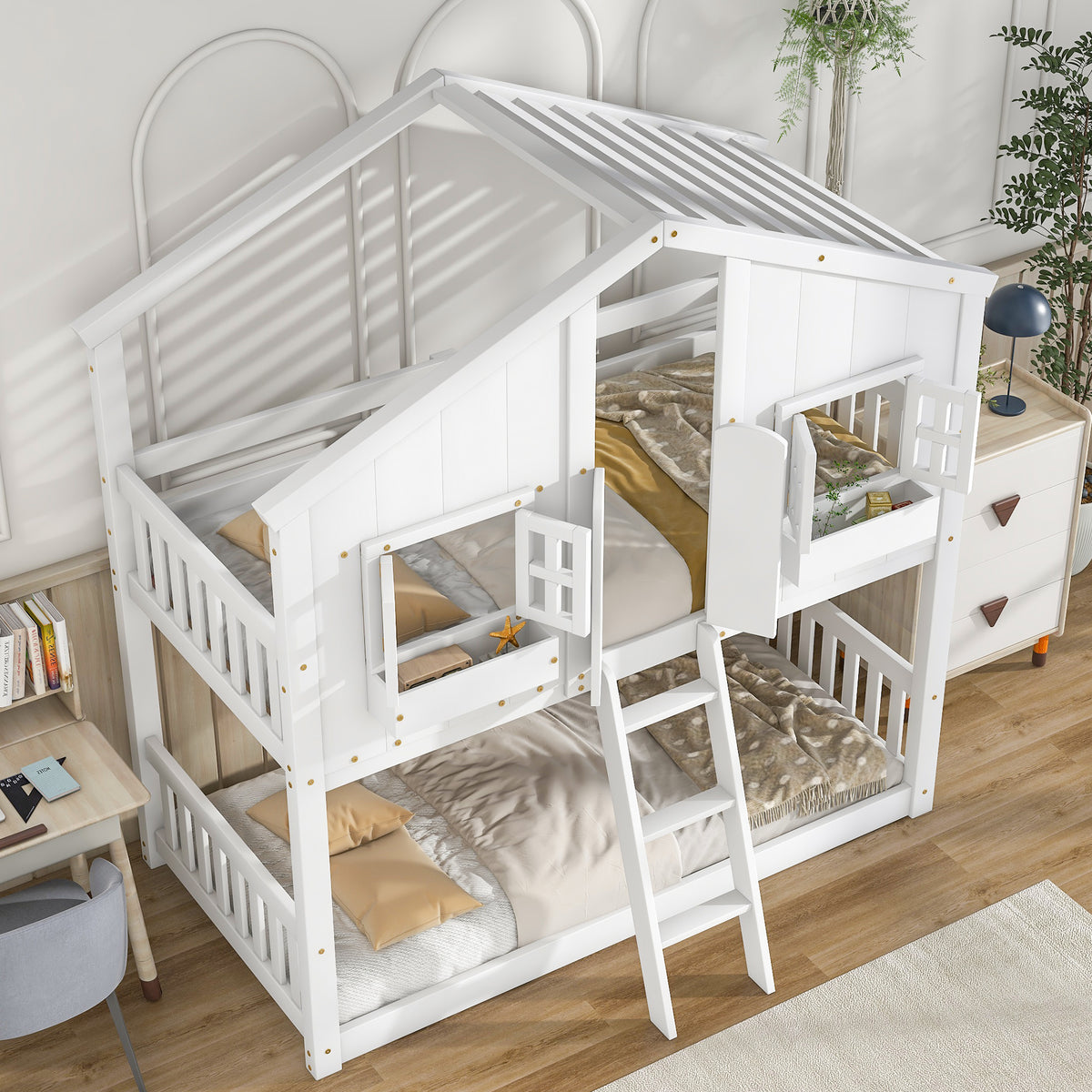 Twin House Bunk Bed with Ladder White