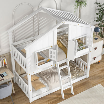 Twin House Bunk Bed with Ladder White