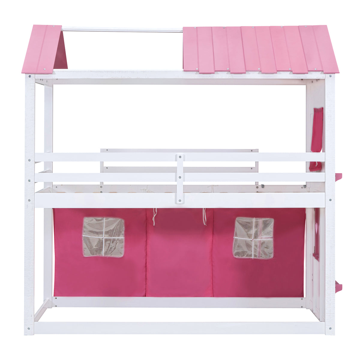 Twin Bunk Bed with Tent Pink White