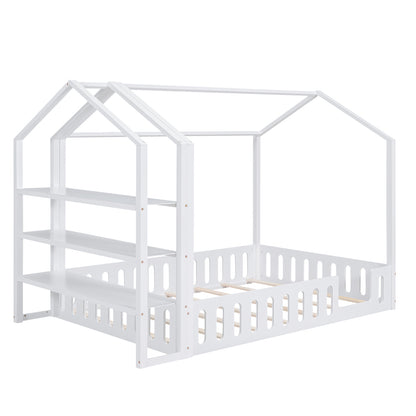 Full Platform Bed with Storage Shelves White