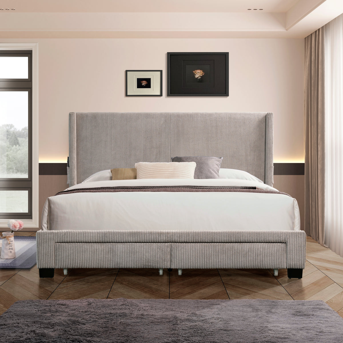 Velvet Queen Bed with Drawers Gray