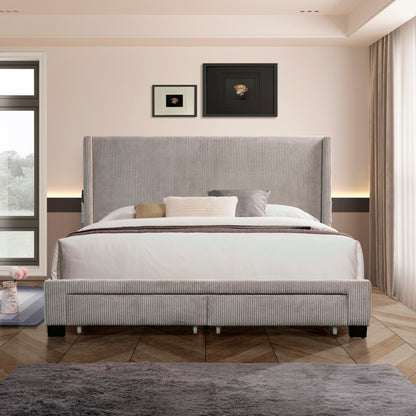 Velvet Queen Bed with Drawers Gray