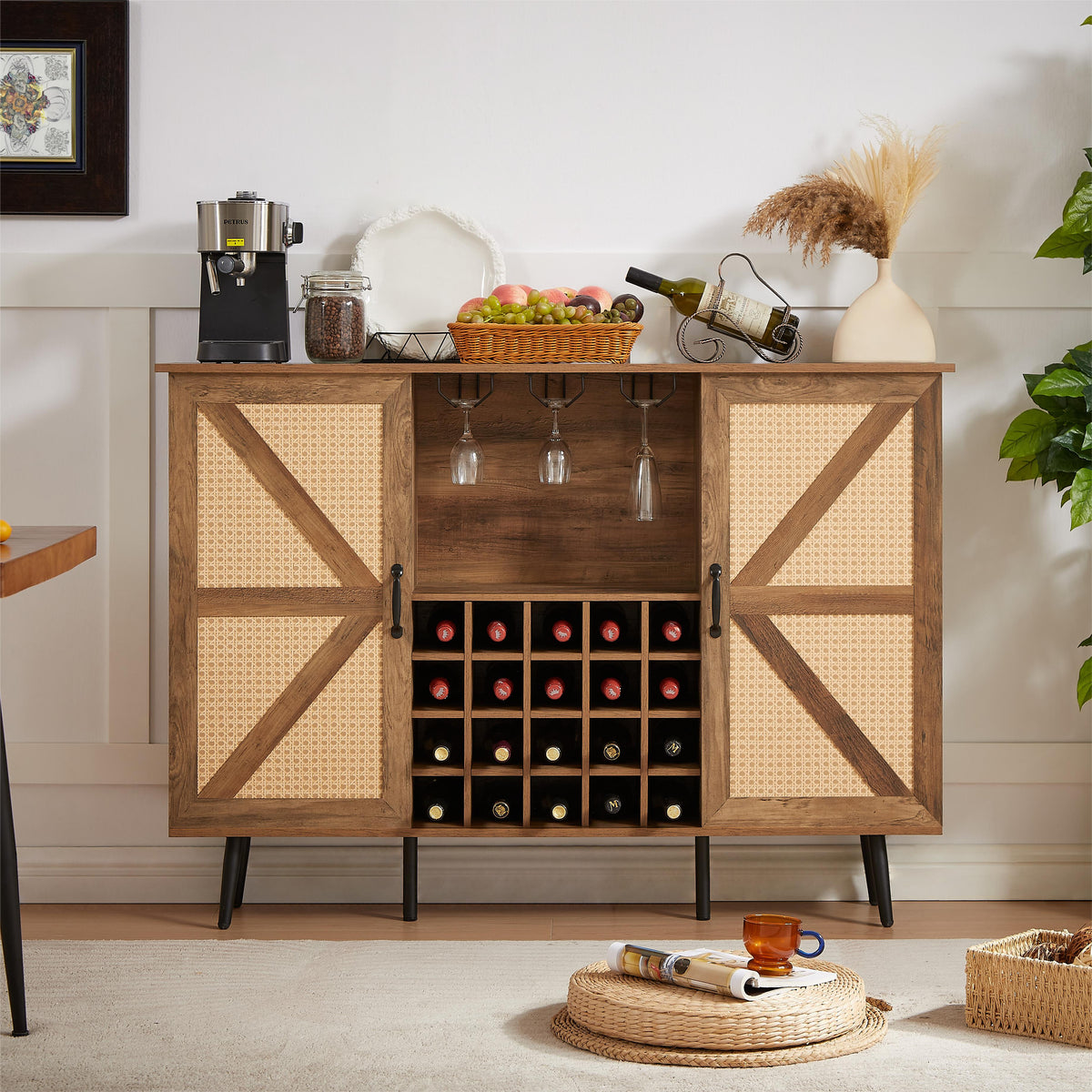 Oak Faux Rattan Wine Cabinet with Removable Shelves
