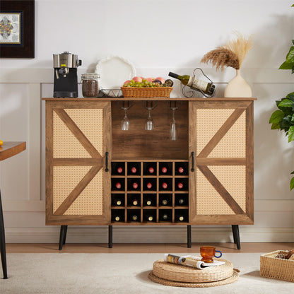 Oak Faux Rattan Wine Cabinet with Removable Shelves