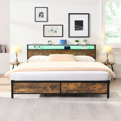 Industrial Storage Bed with LED & USB – Rustic Brown