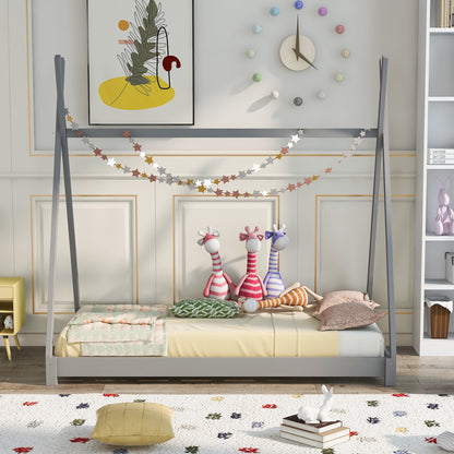 Twin Size Gray House Platform Bed with Triangle Roof