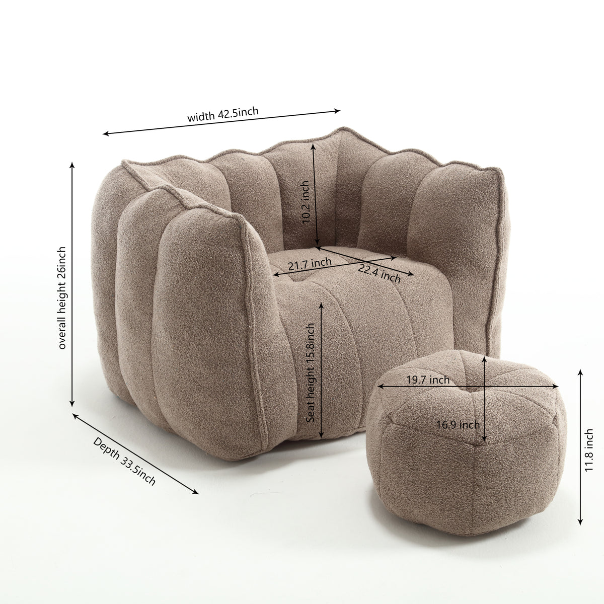 Soft Bean Bag Chair with Footstool Beige