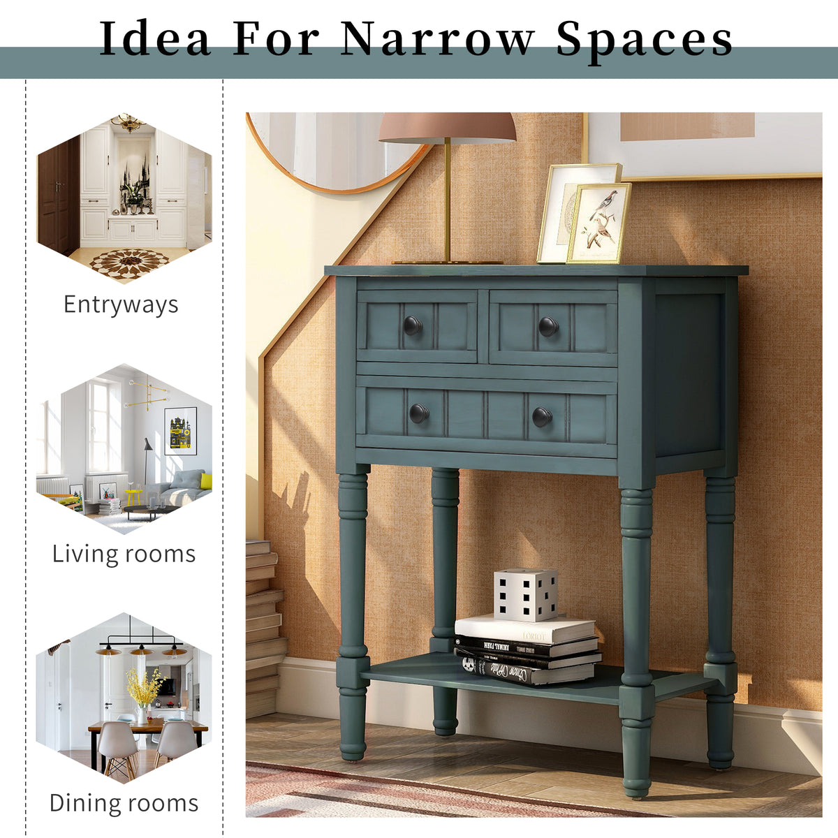 Slim Console Table with Drawers Navy Finish