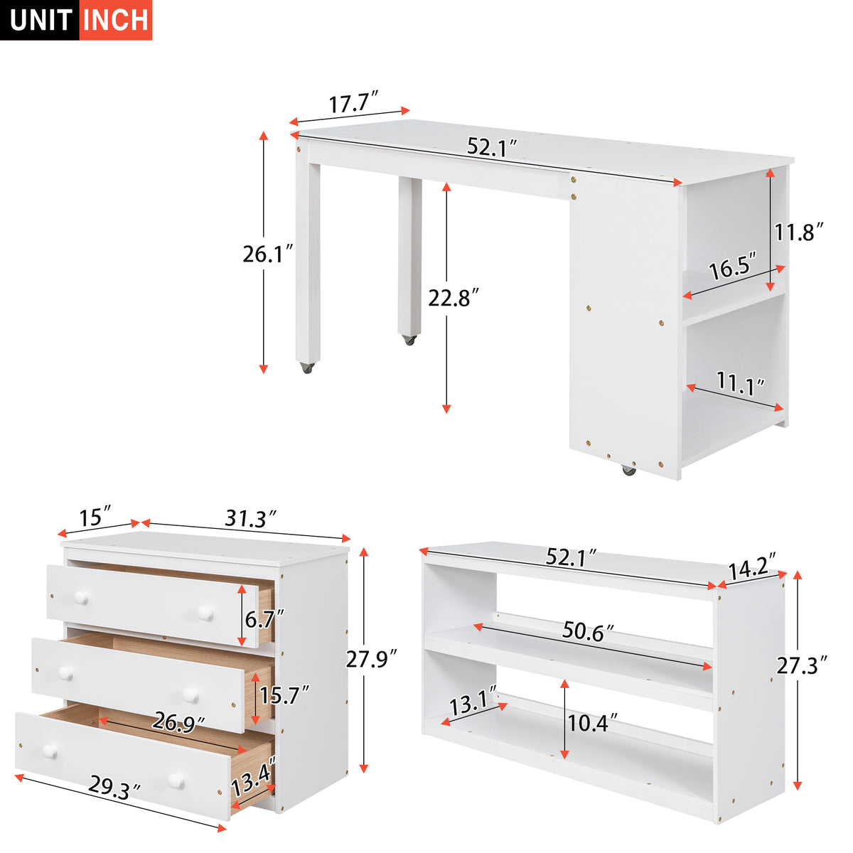 Full Loft Bed with Rolling Desk White