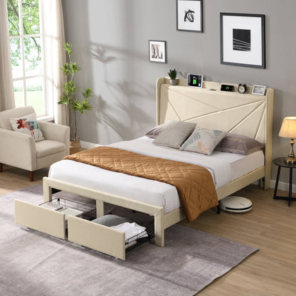 Full Size Upholstered Bed with Drawers – Beige