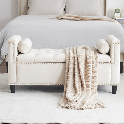 Velvet Storage Bench with Nailhead Trim Cream