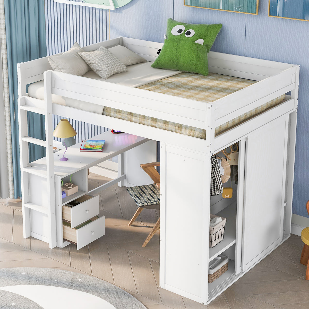 Full-Size Loft Bed with Wardrobe and Drawers White