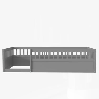 Gray Kids Floor Bed Frame with Fence