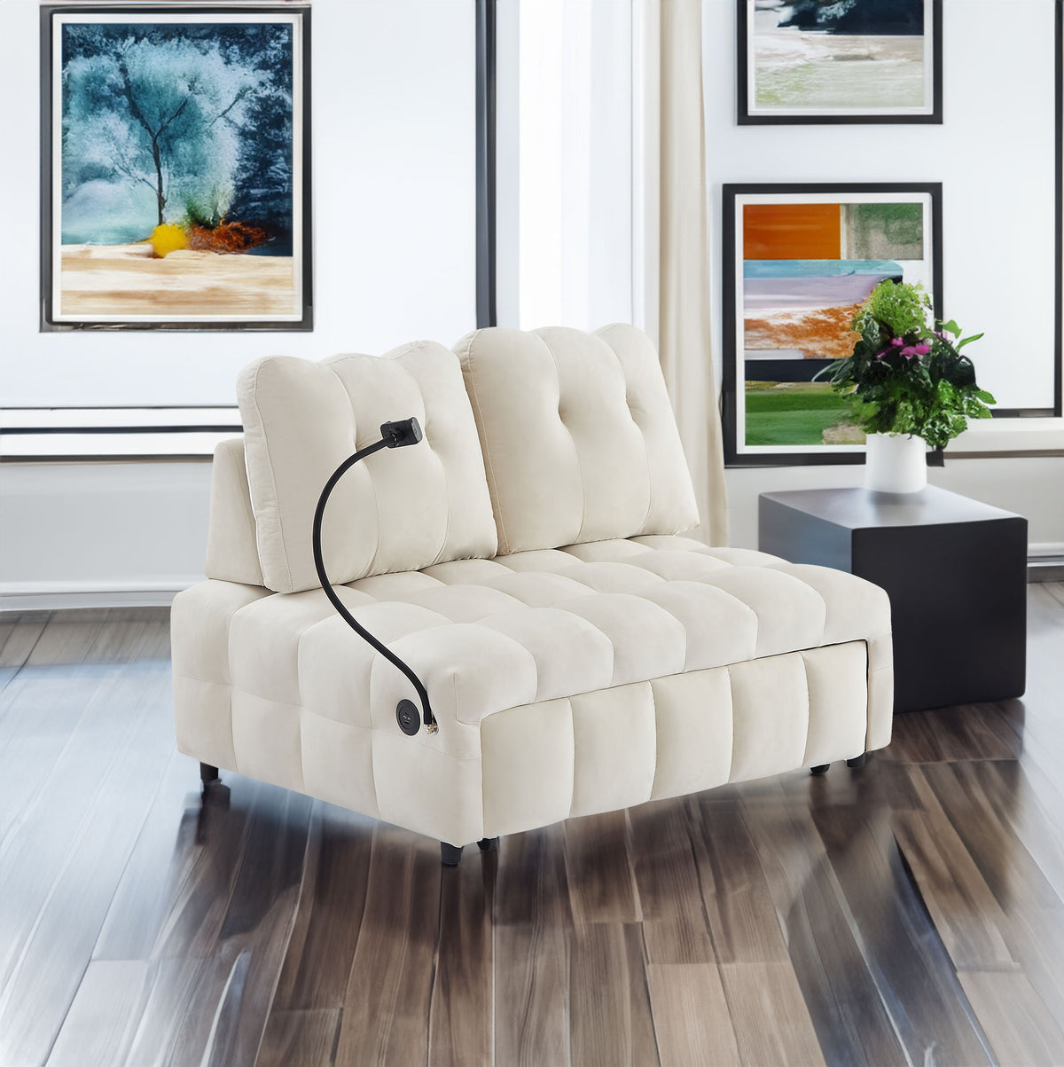 Velvet Sofa Bed with Storage – Beige