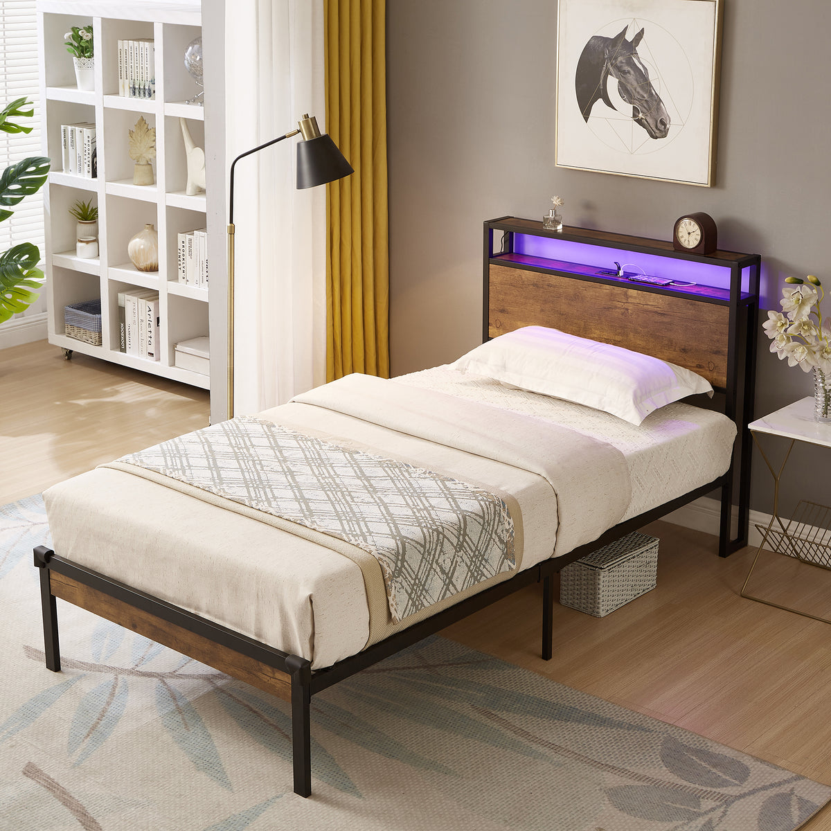 Dual Metal Platform Bed with LED Lights