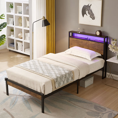 Dual Metal Platform Bed with LED Lights