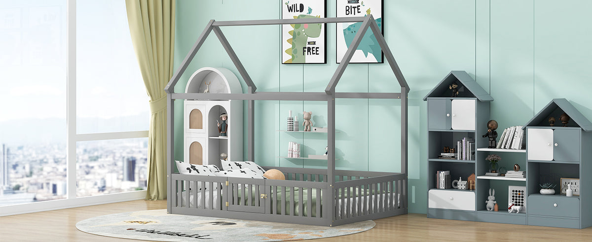 Full Wood Bed with Fence and Door Gray