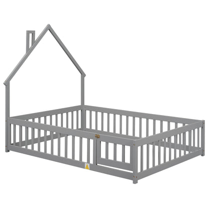 House Frame Bed with Fence Gray