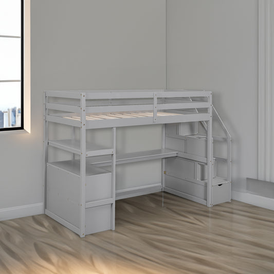 Twin Loft Bed with Storage Gray