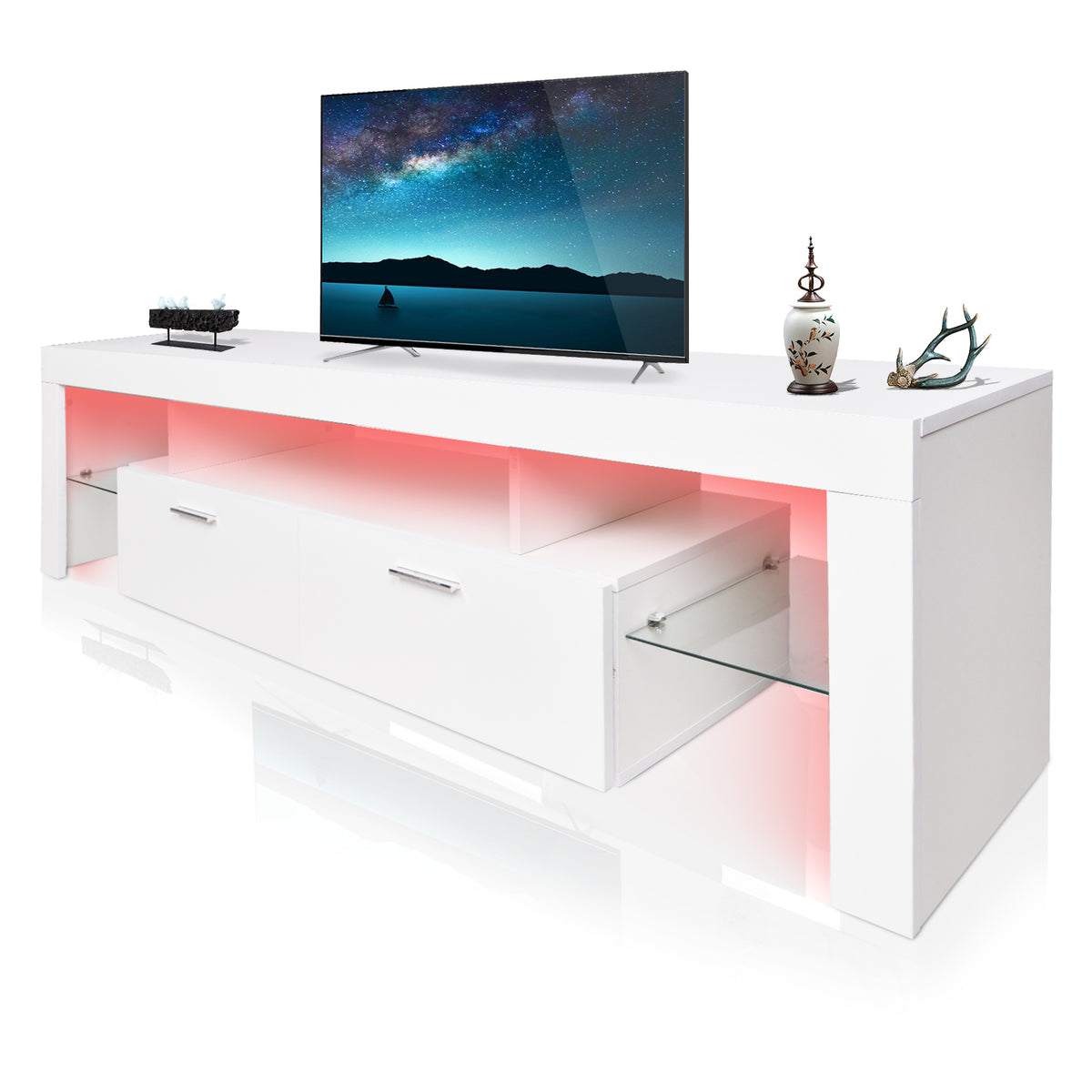 Modern LED TV Stand with Drawers – Gloss White