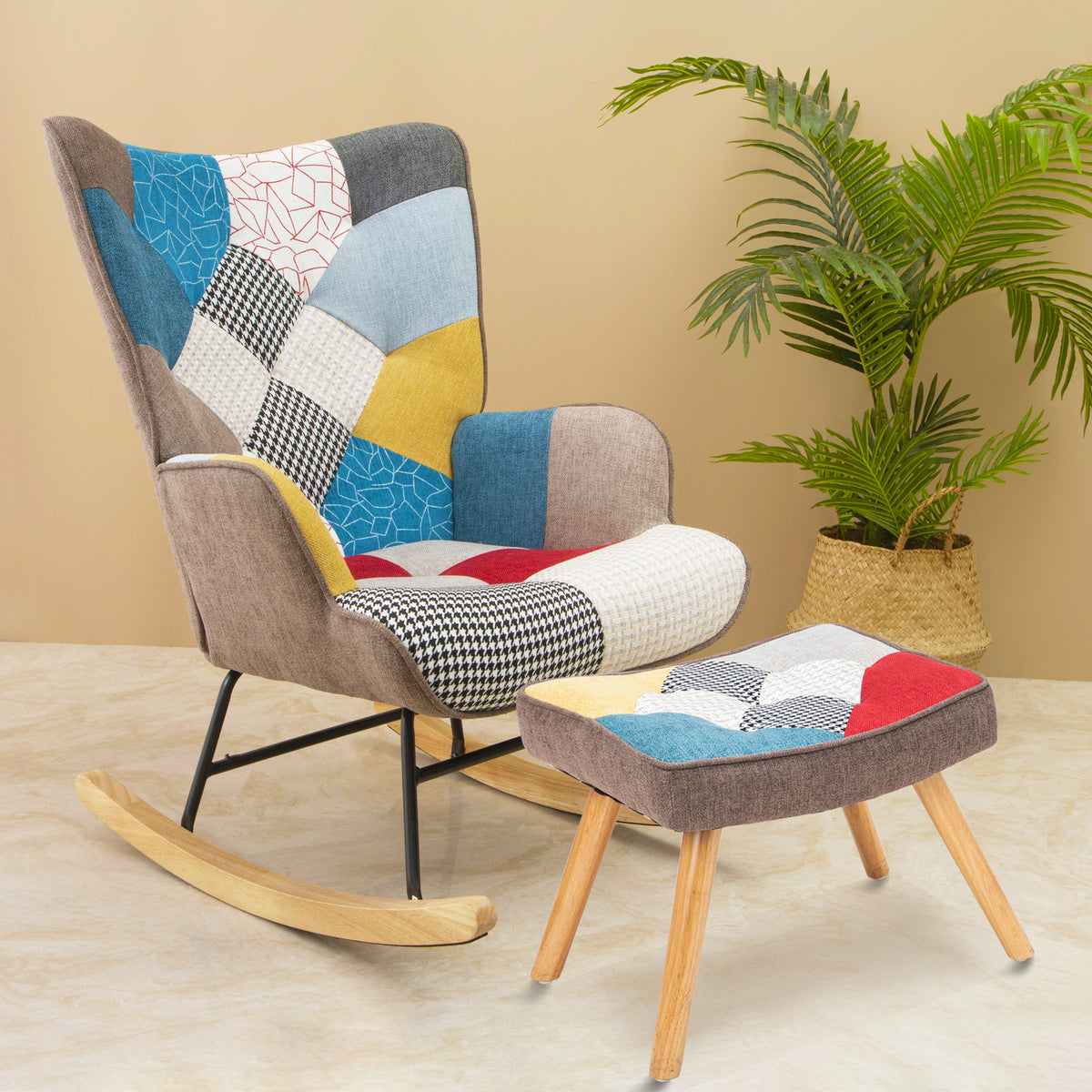 Mid-Century Rocking Chair with Ottoman – Patchwork Linen