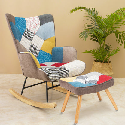 Mid-Century Rocking Chair with Ottoman – Patchwork Linen