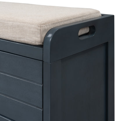 Navy Storage Bench with Rattan Basket