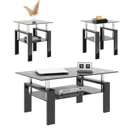 Modern Glass Coffee Tables Set of 2 Black Finish