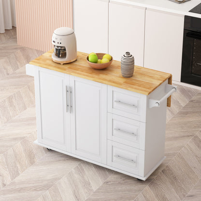 Mobile Kitchen Island with Drawers and Rack White