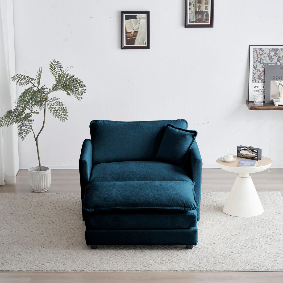 Blue Chenille Ottoman Club Chair