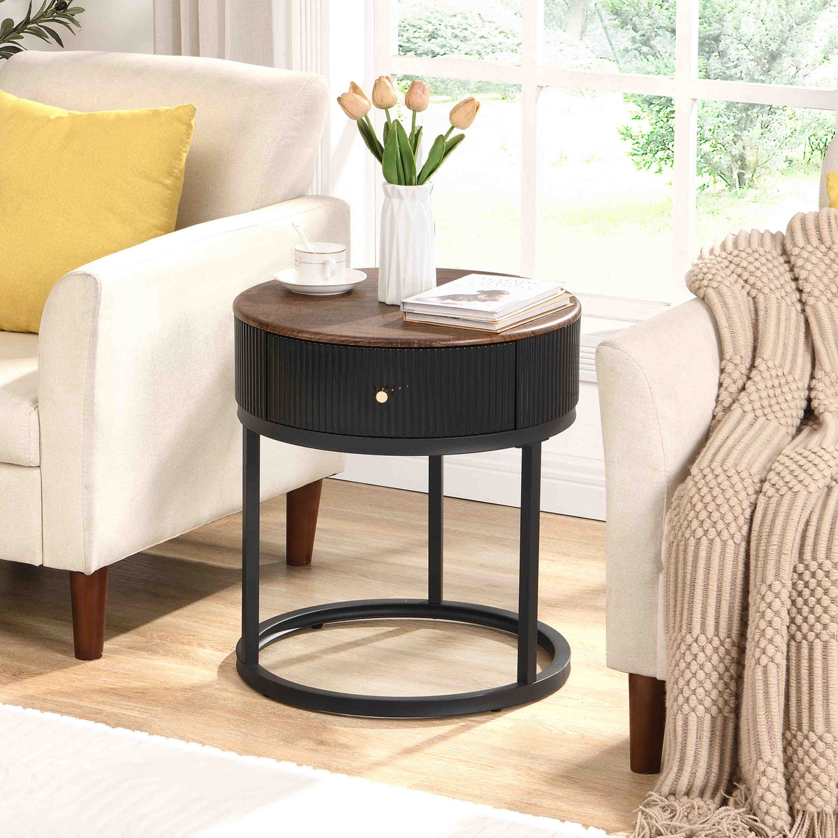 Round Side Table with Drawer White