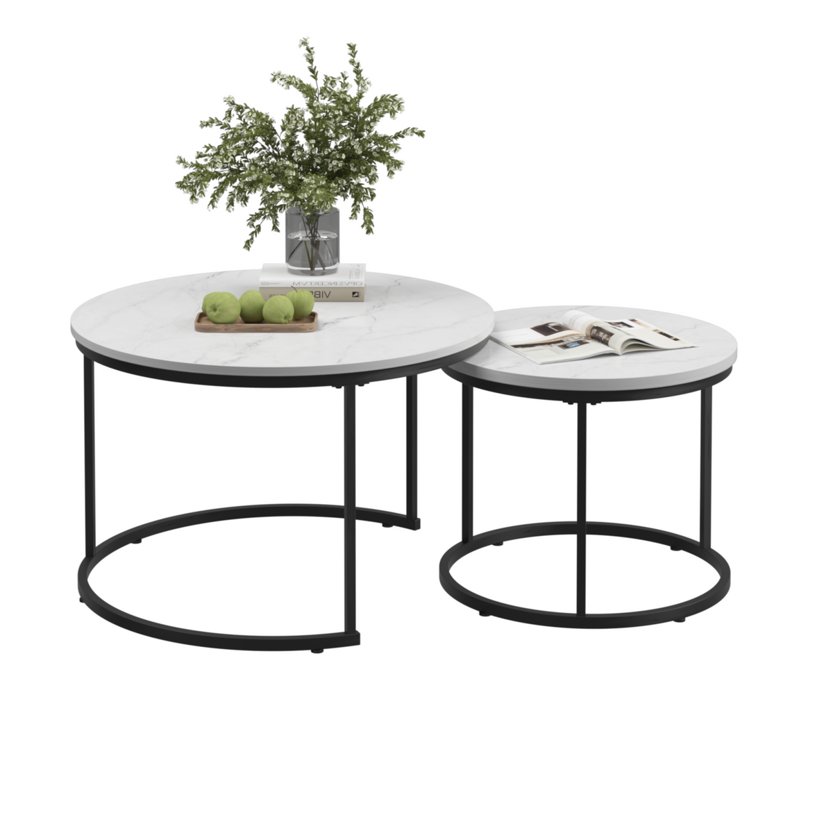 White 2-Piece Round Nesting Coffee Table Set – Marble-Look Wood Top with Metal Frame