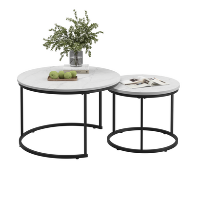 White 2-Piece Round Nesting Coffee Table Set – Marble-Look Wood Top with Metal Frame