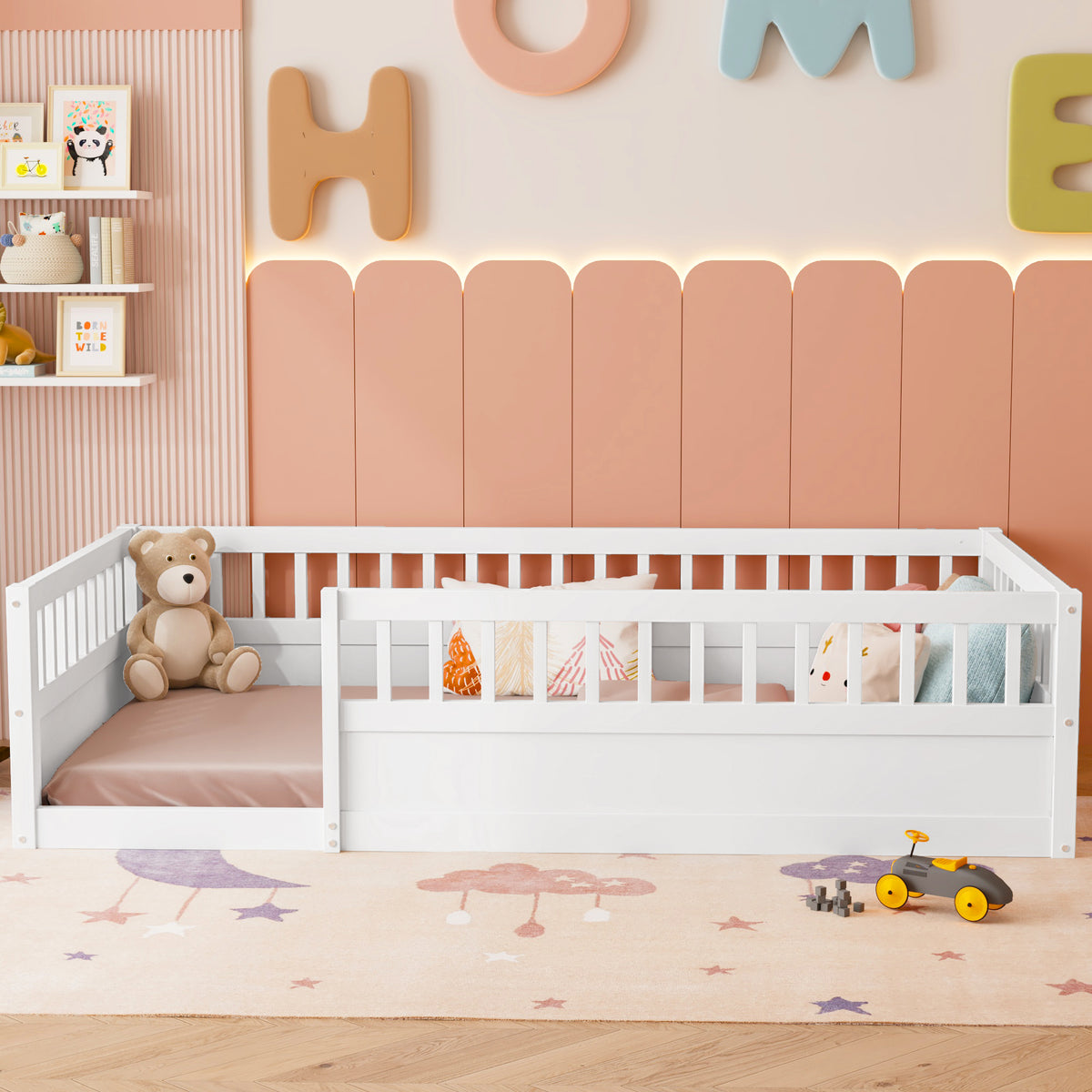 Wood Floor Twin Bed with Fence White