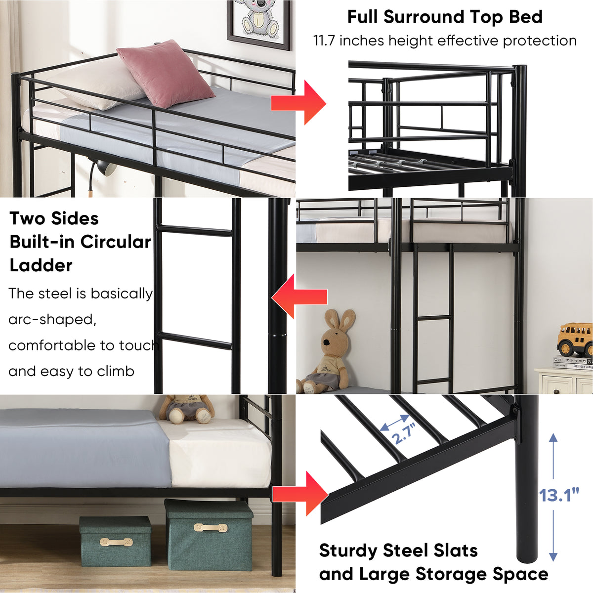Full Metal Bunk Bed with Guardrails Black