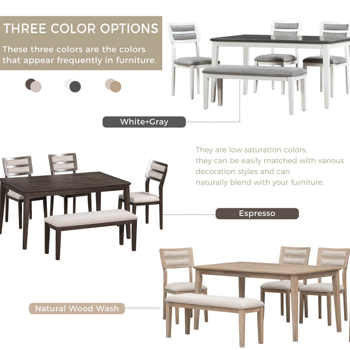 6-Piece Dining Set with Bench White and Gray