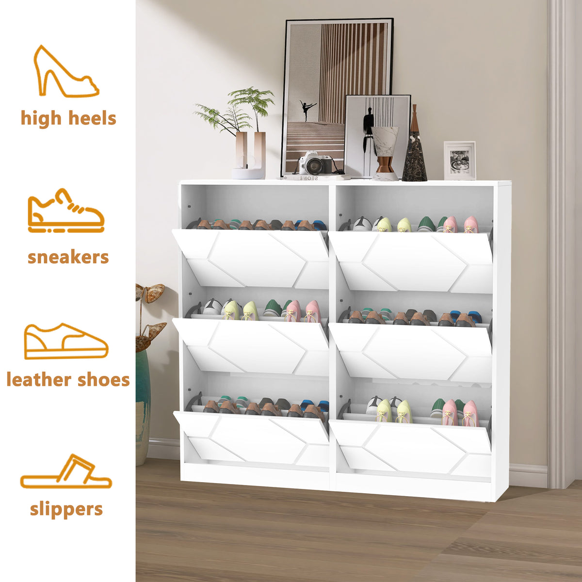 6-Tier Carved Panel Shoe Storage Cabinet for Entryway