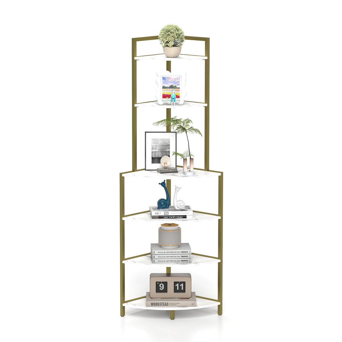 6-Tier Wooden Bookshelf Corner Storage Brown
