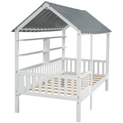 House Bed with Roof and Guardrails White