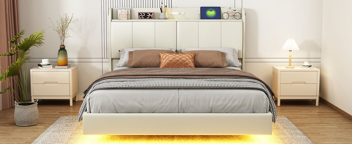 Platform Bed with Sensor Light and USB Beige