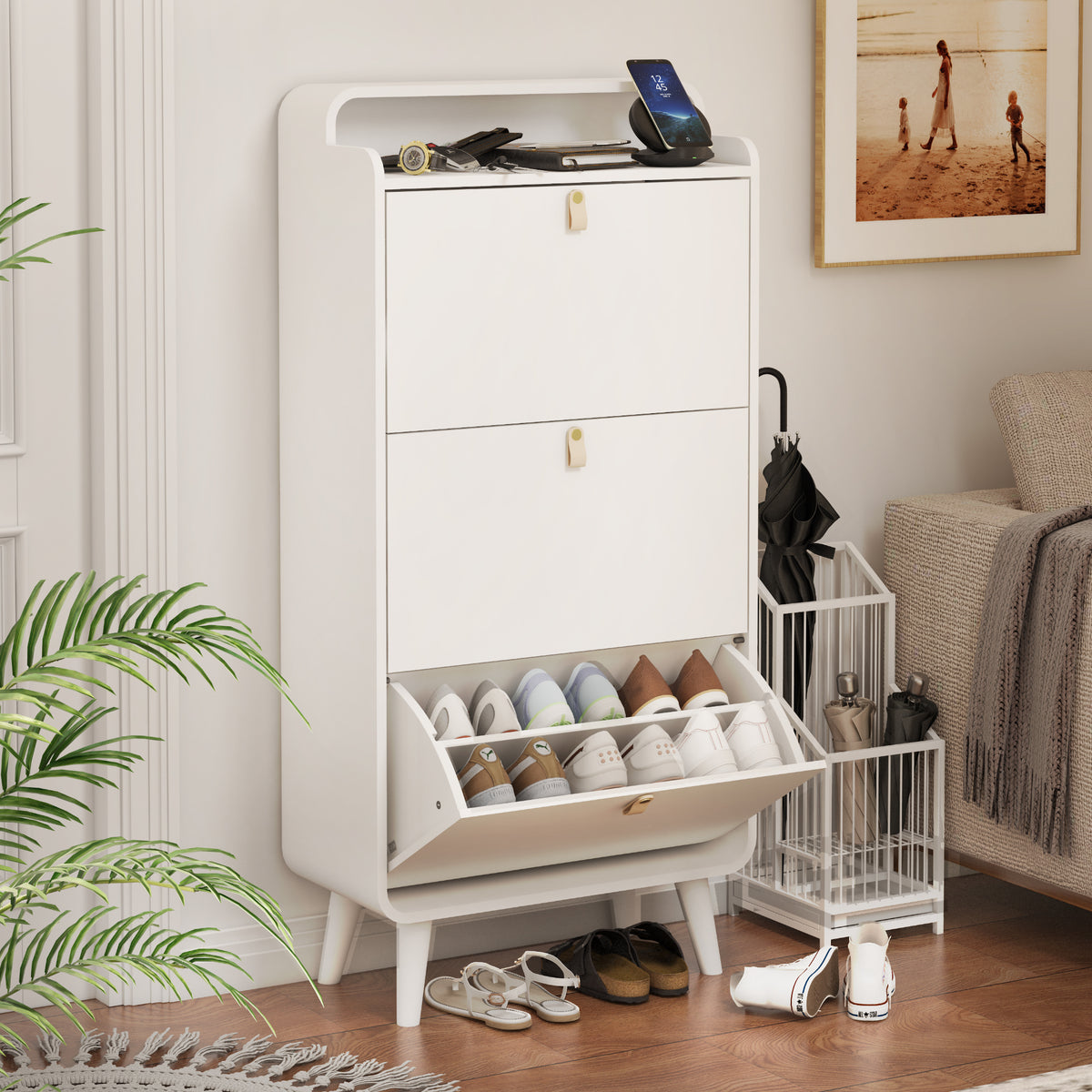 Modern Arc Design Shoe Cabinet White Finish