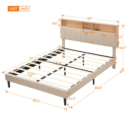 Queen Linen Platform Bed with Storage Beige