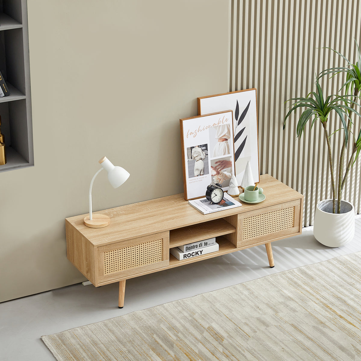 Rattan Wood TV Console – Adjustable Doors, Natural Finish